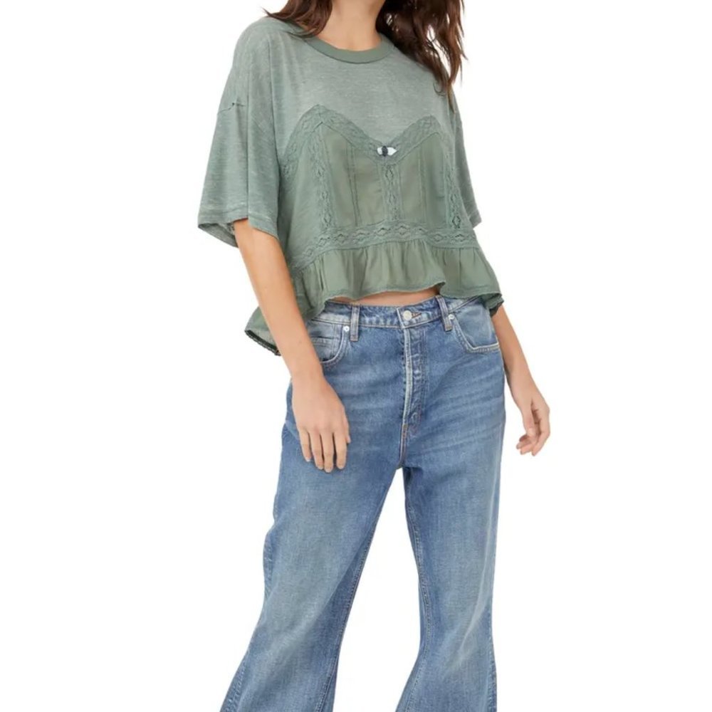 NWT Free People - Fall in Love Lace Inset T-Shirt.Color - Washed Army, Size - XL - Picture 6 of 8